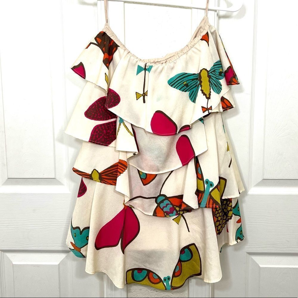 Judith March Strapless Tiered Ruffle Firefly Butterfly Top Tunic Size Small